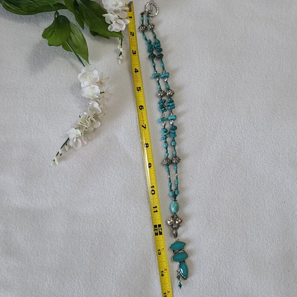 Handcrafted Necklace Unique Design Turquoise Stone Beads Silvertone Toggle Clasp - Picture 9 of 13